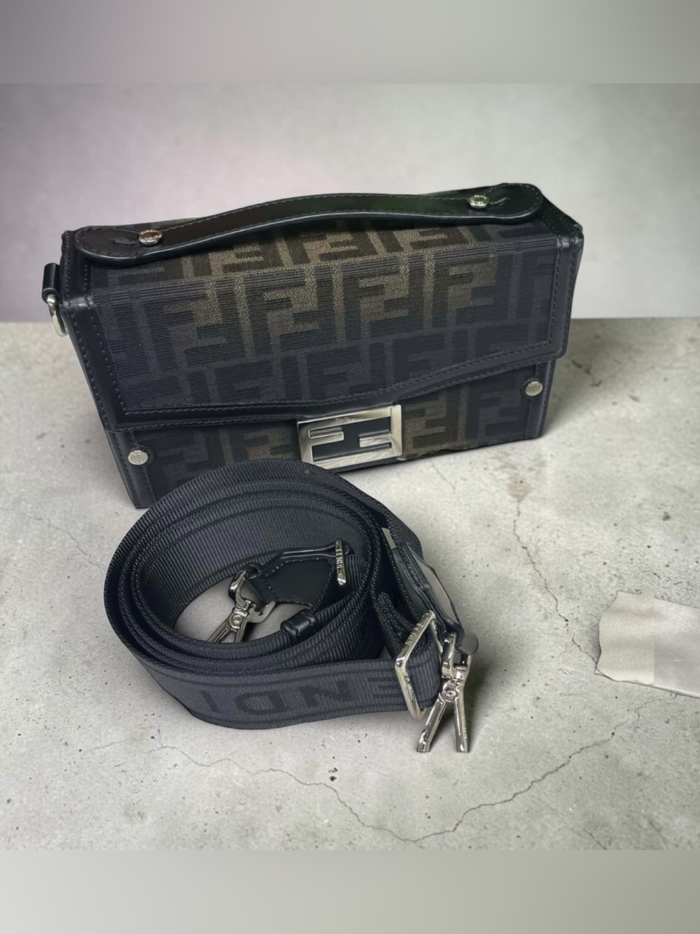 Fendi FF Zucca Baguette Trunk Box Bag Black Brown Canvas & Leather Rank A